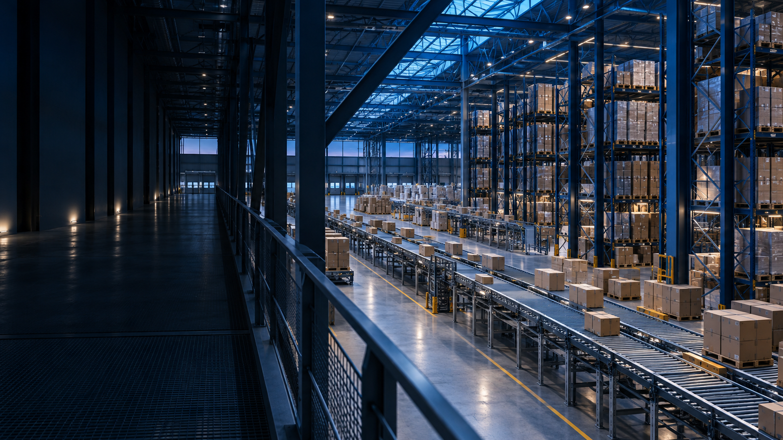 An AI-generated concept of a logistics hall with dark blue storage racks, parcels and conveyor lines.